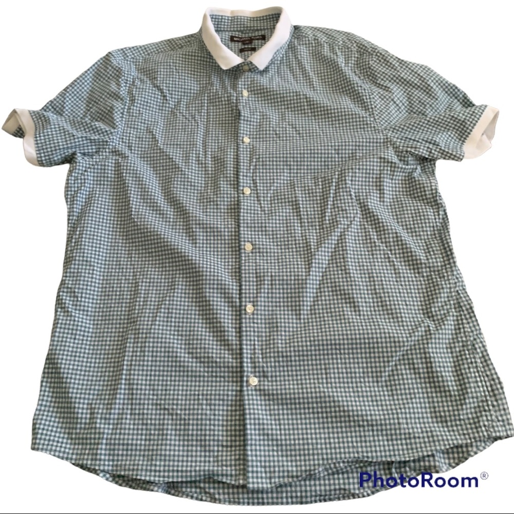 Michael Kors Mens XL Slim-Fit Gingham Stretch Short-Sleeve Woven Shirt